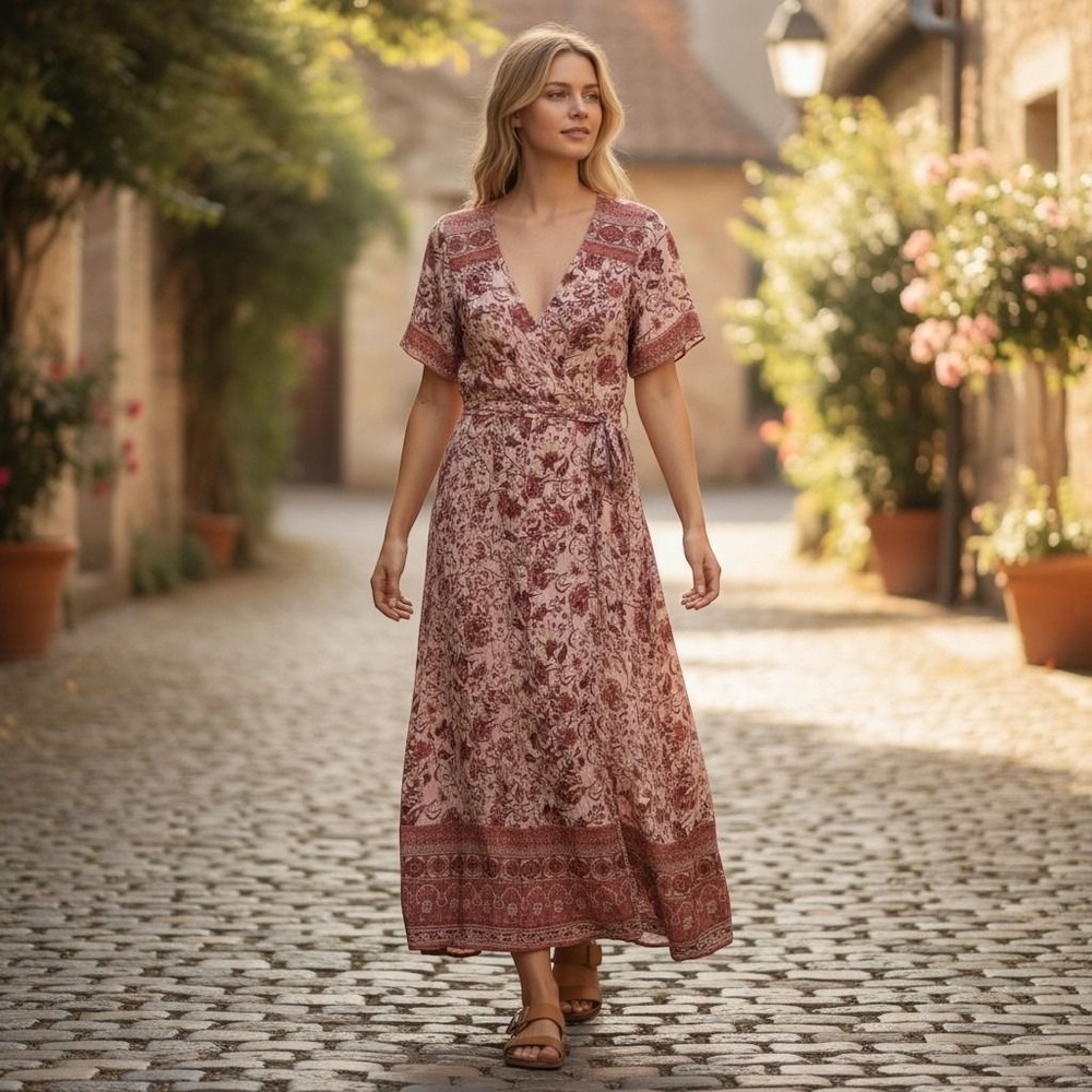 Knox Rose Maxi Dress Womens Medium Pink Floral Boho Wrap V-Neck Short Sleeve